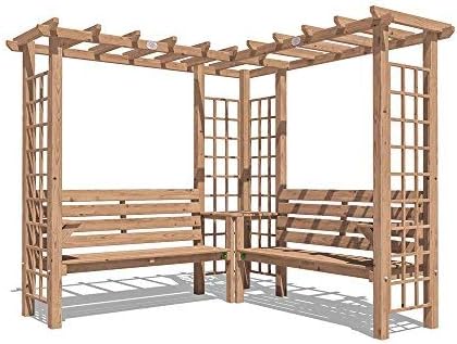 Dunster House Wooden Pergola Trellis Arbour Garden Arch With Corner Bench, Armrests and Mini Corner Table Gerlinde