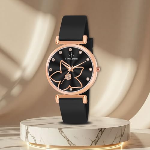 Image of CHARLIEKEEN Women's Watch, Analog Dial with Rose Gold Flower Design, Crystal Accents, Soft Silicone Strap