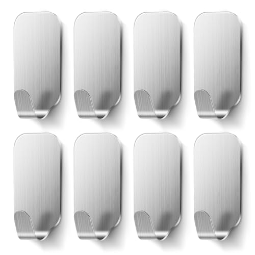 Self Adhesive Hooks, Extra Strong Stick On, Heavy Duty Stainless Steel, No Drill Rustproof, Sticky on Wall Door for Hanging Towel Coat Hat Bag Keys in Bedroom Bathroom Kitchen, Silver 8 Pack