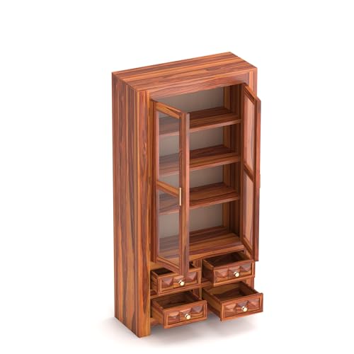 Image of Solid Sheesham Wood Book Cabinet | Tall Wooden Storage Unit with Glass Doors & 4 Drawers | Multipurpose Display Shelf for Living Room & Office | Natural Finish