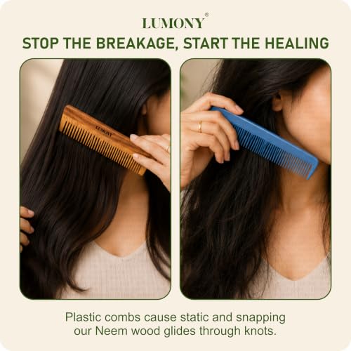 Image of LUMONY Neem Wooden Comb | Soaked In 17 Ayurvedic Herbs Neem & Sesame Oil For Multi-Actions - | Anti-Hair Fall, Dandruff | Frizz Control & Shine Suited For All Hair Types Men & Women (Dual Tooth)