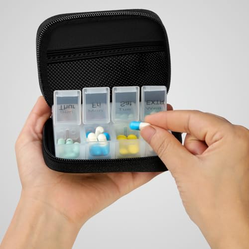 Image of Pill Case Weekly Travel Pill Organizer for Purse with Removable 7 Day Pill Box Premium Neoprene Pill Container for Travel Purse Accessory, Vitamin, Supplement, Small Pieces Arrangement-Elegant Black