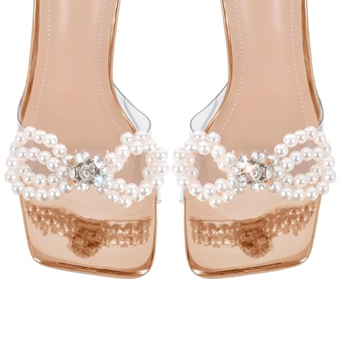 Image of Yolkomo Women's Square Toe Clear Heels Sexy Rhinestone Bow Heels Open Toe Ankle Strap Stiletto High Heel Sandals