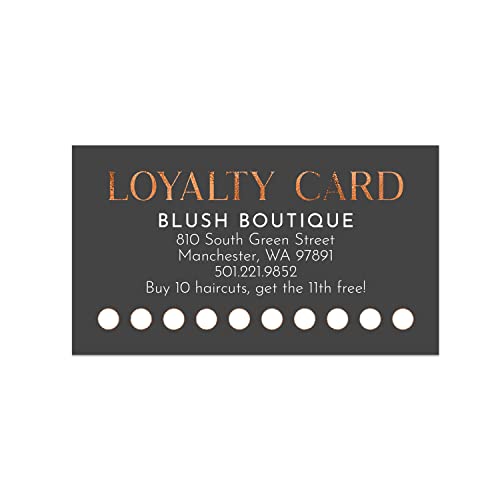 Personalized Feminine Faux Copper Foil Loyalty Cards / 100 Custom Small Business Gray Reward Punch Cards / 2' x 3.5' Flat Bonus Visit Card Pack/Made In The USA