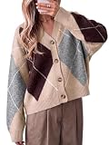 Cicy Bell Women Plaid Color Block Cardigan V Neck Long Sleeve Knit Sweater