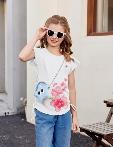 Image of Arshiner Girls T Shirts Ruffle Short Sleeve Ruched Knot Side Tunic Blouse Summer Tee Tops