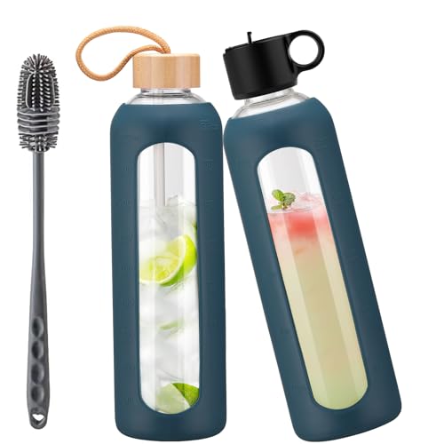 HYDRAGLAZIC 950ml Glass Water Bottle With 2 Lids-Flip Straw Lid, Bamboo Lid, Glass Water Bottle With Silicone Sleeve, Motivational Time Marker, Glass Juice Bottle for Cold Drink,Navy Blue