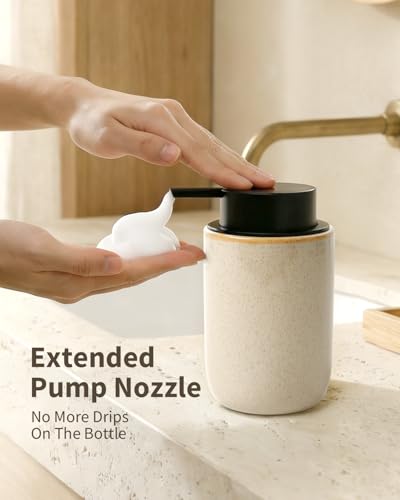 Image of BosilunLife Foam Soap Dispenser - Ceramic Foaming Hand Dispenser for Bathroom Modern Farmhouse Small Soap Dispenser Hand Pump Dispenser for Kitchen Sink (Greige with Speckle, Foam Pump)