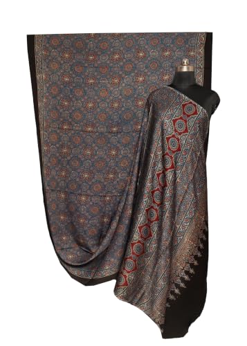 Image of Ethnics of Kutch Womenss Ajrakh Modal Silk Natural Dye Hand Block Print Saree with Blouse Piece - 5.5 Mtr Length