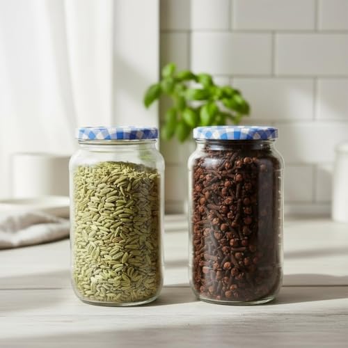 Image of ginoya brothers - Kitchen Glass Jar (2, 1000 ML JAR BLUE CHEX LID)