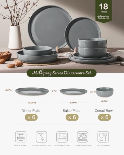 Image of Famiware Milkyway Plates and Bowls Set, 18 Pieces Dinnerware Sets, Dishes Set for 6, Dark Gray
