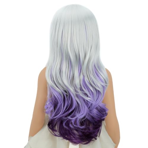 Image of Silver Gray Ombre Purple Wig for Child Girls Long Grey Ombre Purple Middle Part Wig Kids Silver Gray to Wavy Curly Wigs Heat Resistant Synthetic Wigs with Cap