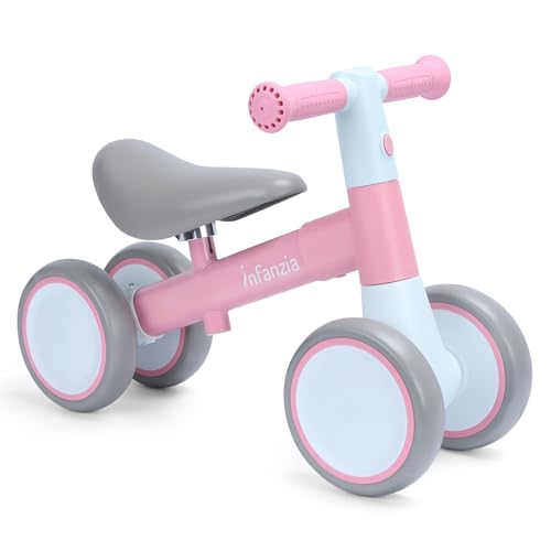 INFANZIA Baby Balance Bike for 12-36 Month Boys Girls, 1 Year Old Toddler First Bike No Pedal with Adjustable Seat, Infant 4 Wheels Bicycle Ride On Toys Kids First Birthday Gifts (Pink)