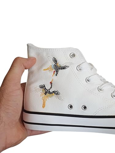 Women's Canvas High Top Embroidered Sneakers, Lace Up, White with Blue Floral Embroidery4