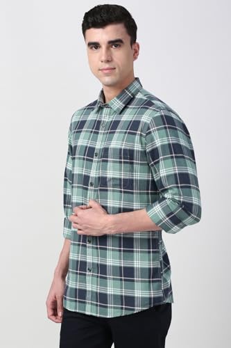 Image of Peter England Men's Checkered Cotton Shirt | Smart Casual | Full Sleeves Slim Fit