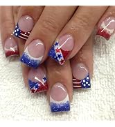 4th of July Press on Nails Short Square Fake Nail USA Independence Day False Nails with Star Stri...