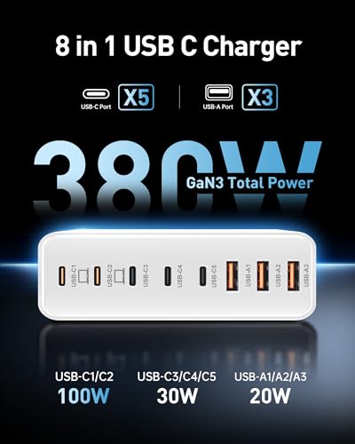 Image of 380W USB C Charger Block with 4 USB Cables Dual 100W Charging Station | 8-Port USB C Charging Station Laptop Charger Fast Type C Charging Block