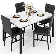 AWQM Dining Table Set for 4,Faux Marble Kitchen Table and Chairs Set of 4, Modern Dining Room Table Set for 4,Dinner Table with 4 Leather Chairs, Dinette Set for Small Spaces White & Black
