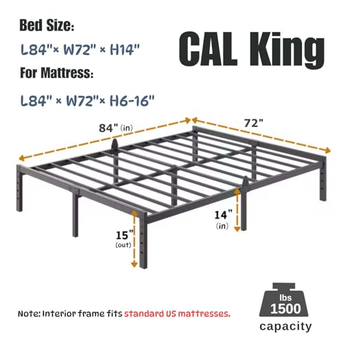 Image of ZIYOO 12 Inch California King Size Metal Platform Bed Frame with Heavy-Duty Steel Slat Support, No Box Spring Needed, Under Bed Storage Space, Easy Assembly, Noise-Free, Sturdy & Durable, Black | No Box Spring Needed