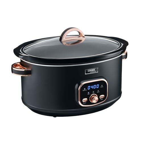 Cooks Professional Digital Slow Cooker 6.5L with Glass Lid, Cool Touch Handles, Dishwasher Safe Bowl, 2 Heat Settings & Keep Warm & Delay Functions | Large One Pot Cooking Machine | Black & Rose Gold