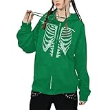 DOBRE Skeleton Hoodie Rhinestone Y2K Front Zip Hooded Sweatshirt Gothic Grunge Korean Pullover Anime Steampunk Dark Academia Outer (Green,M,Womens,US,Alpha,Medium)