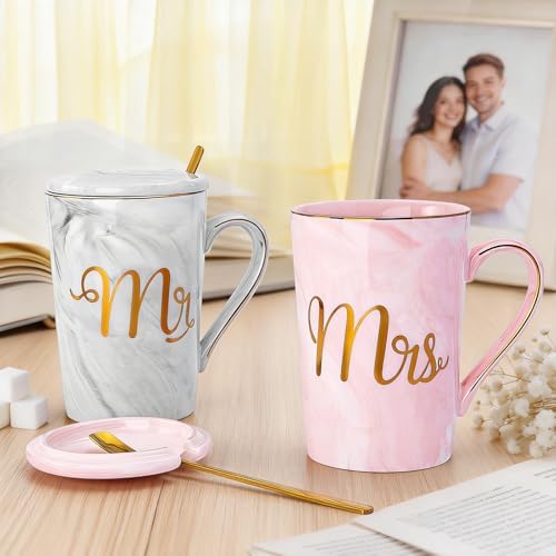 Biching Wedding Gifts for Couples 2026, Couple Gift for Anniversary - 14oz Ceramic Marble Mr and Mrs Mugs Set, Present for Bridal Shower Engagement Bride and Groom, with Greeting Card, Luxury Gift Box 6