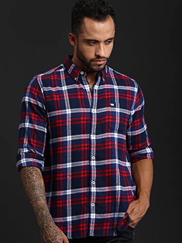Image of THE BEAR HOUSE Men's Cotton Blue & Red Checks Slim Fit Shirt | L |TBH-Bud-BL-L |