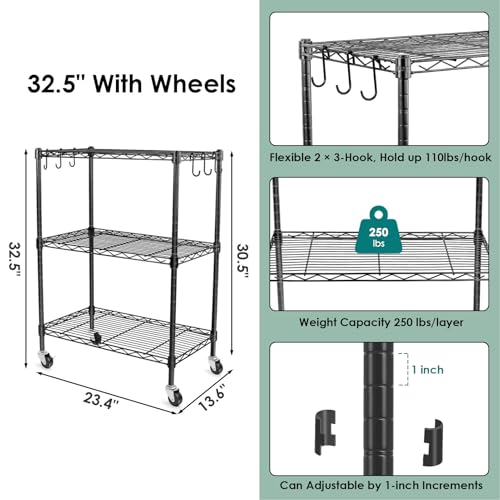 Image of WDT 3-Tier Storage Shelves, Heavy Duty Metal Shelves Wire Rack Shelving Unit, Adjustable Shelf with Wheels for Home Office Garage Kitchen Bathroom,23.4 inch Wx13.6 Dx32.5 H