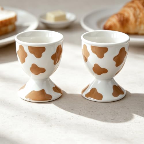 Image of Cinf Ceramic Egg Cups, Set of 2, Mocha Cow Boiled Egg Holders for Breakfast
