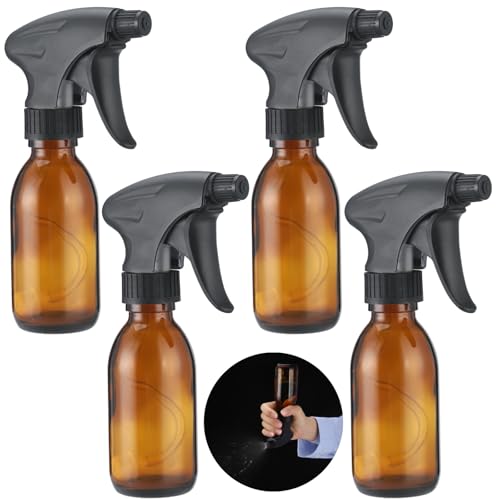 yeeplant 4 botellas de spray de vidrio ámbar, recipientes recargables de 125 ml con pajitas de bola de peso, boquillas ajustables de 6.7 x 1.8 pulgadas, botellas de spray oscuras para limpieza