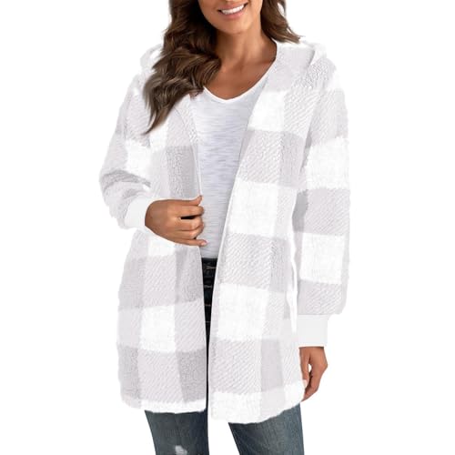 KIKX0DE Womens Long Fuzzy Shackets Plaid Flannel Long Sleeve Fall Jackets Casual Oversized Hooded Clothes Outfits