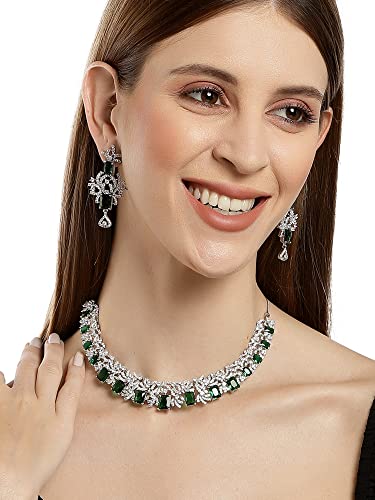 Image of Karatcart Silver Tone Green American Diamond Studded Necklace Set for Women