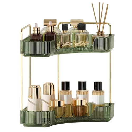 YCIA&DONE Corner Bathroom Counter Organizer, Makeup Organizer for Vanity, Skincare Cosmetic Perfume Tray, Corner Countertop Shelf Rack Storage for Bathroom Kitchen 2 Tiers (Vintage Green)