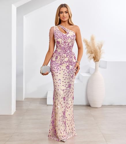 Image of Cololura Women Sequin Elegant Sexy One Shoulder Tassel Mermaid Bodycon Cocktail Evening Dress