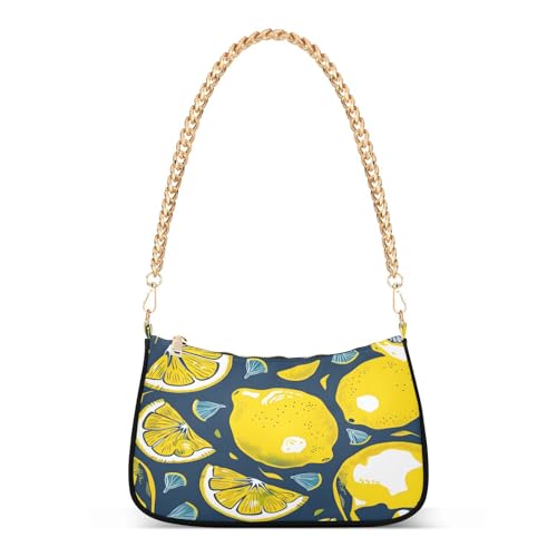 Image of Shoulder Bags for Women Vintage Yellow Lemon Fruit and Blue Print Hobo Tote Handbag Small Clutch Purse with Zipper Closure