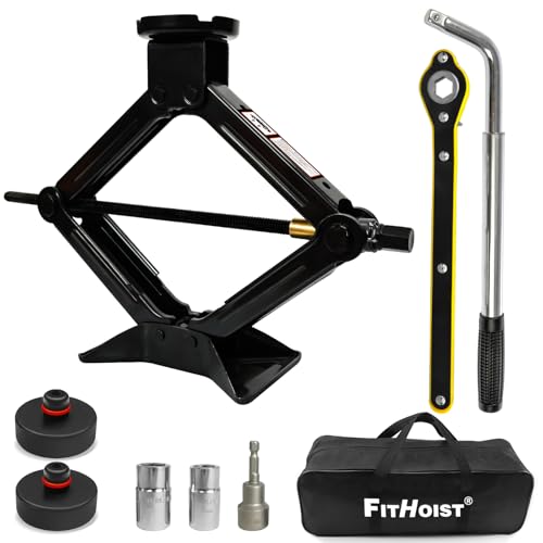 FITHOIST 2.5 Ton Scissor Jack Kit for Teslla | 7 Pcs 4-in-1 w/Drill Adapter, Lift Pads - Lug Wrench,...