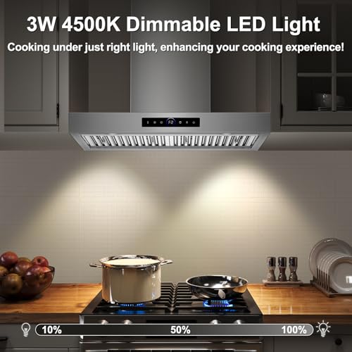 Image of 30 inch Wall Mount Range Hood, 1200 CFM with 4-Speed Gesture Sensing & Touch Control, Stainless Steel Ducted Kitchen Stove Vent Hoods with 2 LED Lights, Time Setting, Dishwasher-Safe Baffle Filters