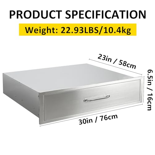 Image of Outdoor Kitchen Drawers 30 inch W x 6.5 inch H x 23 inch D Flush Mount BBQ Single Drawers with Divider,Built-in Stainless Steel Drawer with Chrome Handle for Outdoor Kitchen Island Patio Grill Station