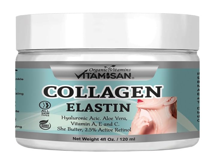 Collagen Elastin Cream, 4 Oz, with Hyaluronic Acid, Aloe Vera, Vitamin A, E, C, Shea Butter, 2.5% Retinol