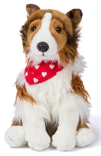 Uni-Toys - Langhaarcollie mit Halstuch (Herzchen-Motiv) - 27 cm (Höhe) - Plüsch-Hund, Collie - Plüschtier, Kuscheltier