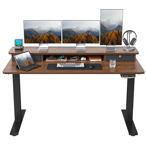 Image of FEZIBO 60 x 24 Inch Height Adjustable Electric Standing Desk with Double Drawer, Stand Up Desk with Storage Shelf, Sit Stand Desk, Blcak Walnut