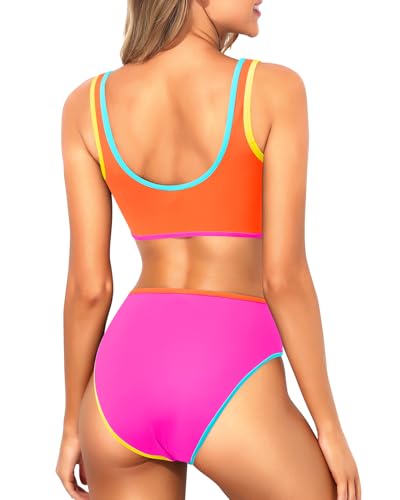 Image of Tempt Me Women Sporty Bikini Set Two Piece High Waisted Swimsuit Athletic Scoop Neck Bathing Suit