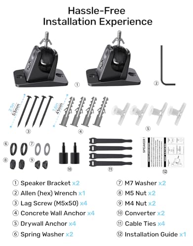 Etour Speaker Wall Mount, Universal Ceiling Bracket for Rear Satellite Surround Sound Speakers with 1/4"-20, M5 M4 Thread & Keyhole, Holds up to 11 lbs, Works with Roku, Samsung Q990D and More, Black