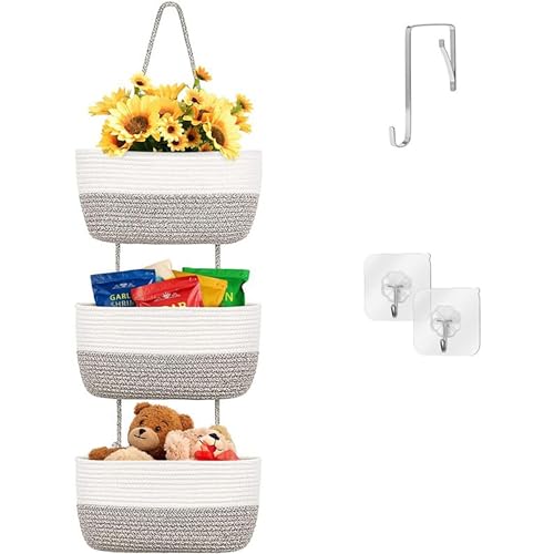 Kongming 3 livelli Cesto Portaoggetti da appendere Intrecciato, Porta oggetti da appendere in Corda Cotone, Scatola da appendere a parete e porta, per bagno, camera da letto