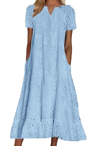 chouyatou Women Summer Ruffle Hem Floral Lace Eyelet Dress Casual Notch Neck Midi Tunic Dress with Pocket (X-Large, Blue)