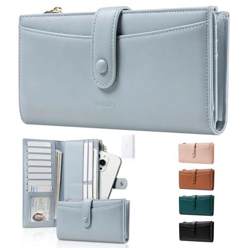 Vulkitty Soft Leather Long Wallets for Womens Bifold Credit Card Women's Wallets Lots of Cards Money Phone Organizers for Women Ladies Female Cash Purse Wallet (Blue, Large)
