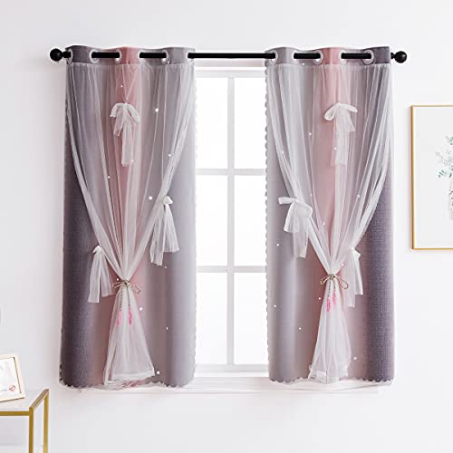 Image of Yancorp Curtains for Girls Bedroom Kids Curtain Hollow-Out Star Window Nursery Curtain 63 inches Length Room Darkening Grommet 2 Layers (Pink Grey, W34 X L42)