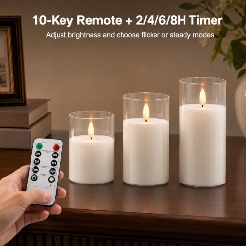 Image of Pure White Glass Flameless Candles with Remote, Set of 3 | Clear Glass, Pure White Wax, 2 /4 /6 /8H Timer, Battery Operated LED Pillar Candles, Wedding Home Decor