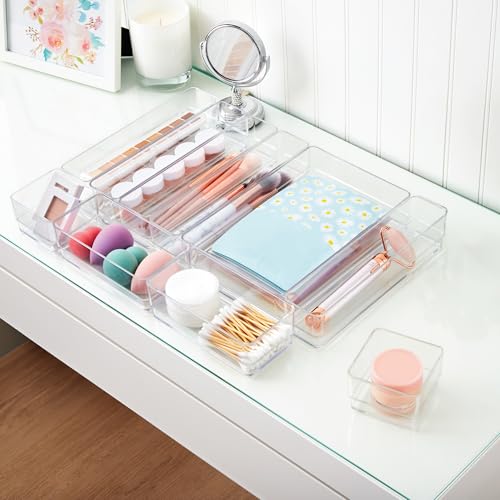 Image of STORi Clear Plastic Makeup & Vanity Drawer Organizers | 10 Piece Set