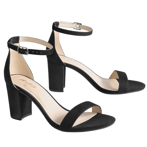 Ankis Black Open Toe Heels Women 2.75" Chunky Strap Sandals